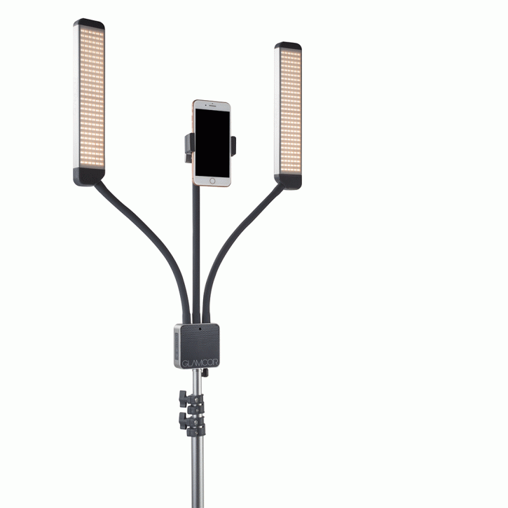 GLAMCOR Multimedia X Lampada diurna con doppio braccio flessibile con 672 LED, incl. telecomando, clip per fotocamera e tablet, supporto per smartphone, specchio con clip e custodia per il trasporto